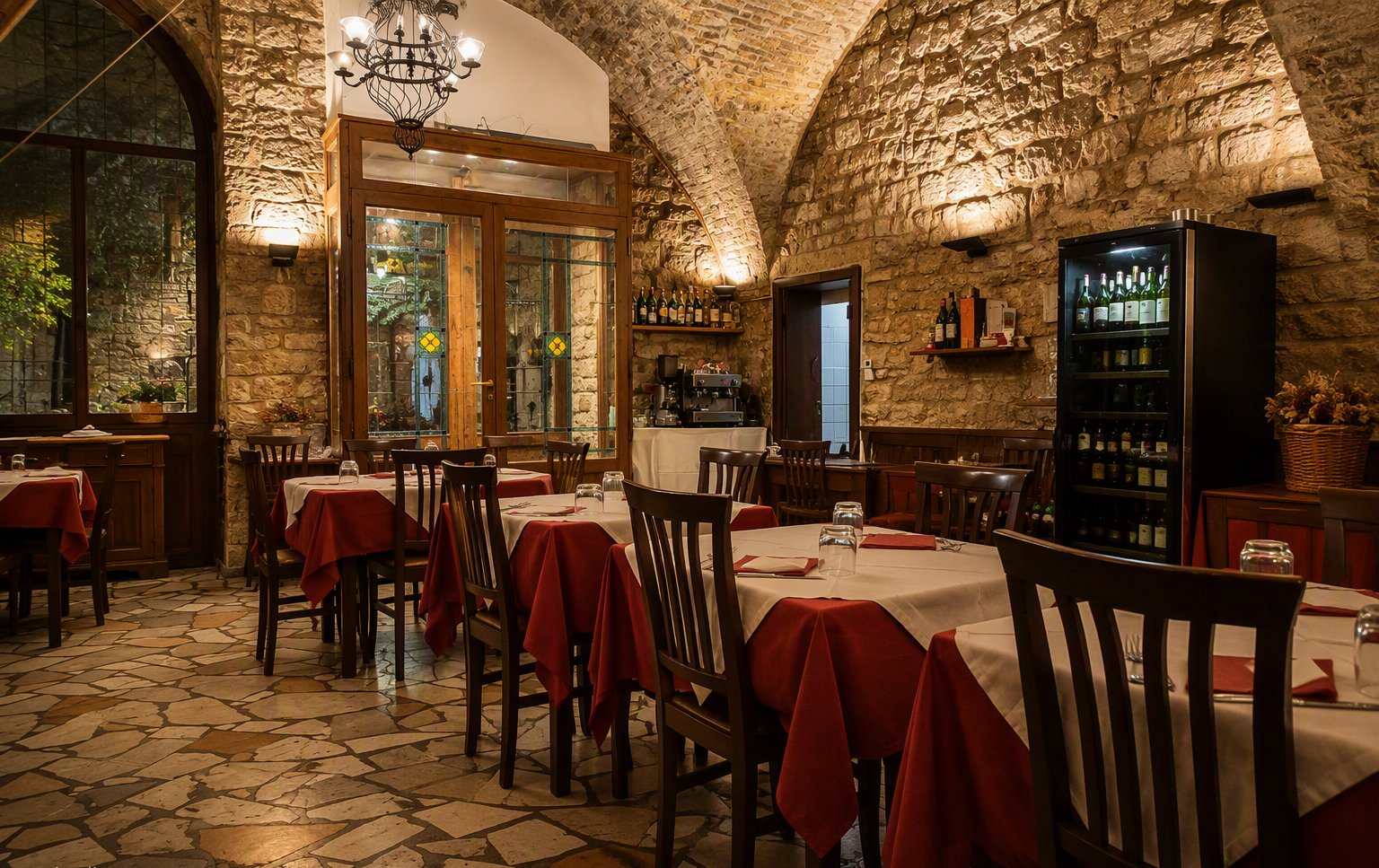 La sala con le volte in pietra e le tovaglie rosse e bianche