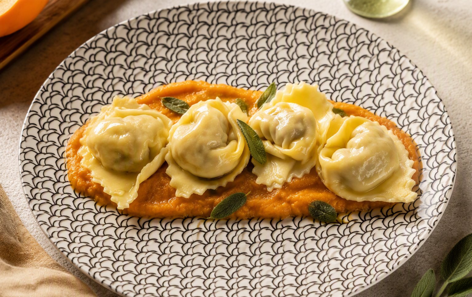 Tortelloni su crema di zucca e salvia