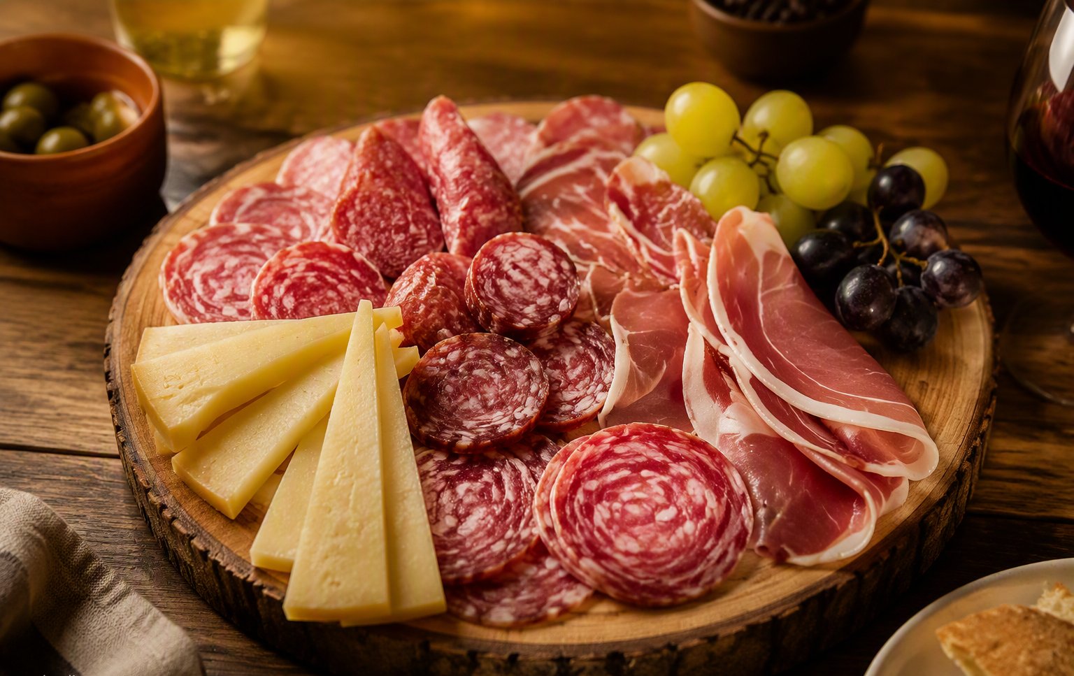 Tagliere umbro con salumi, formaggi e uva